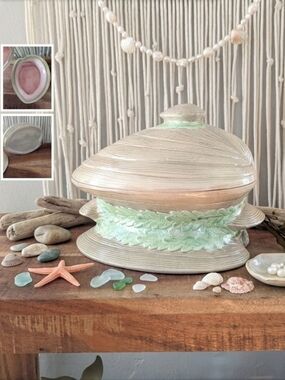 Vintage Ceramic Giant Clam Shell Lidded Tureen / Decorative Dish - Pink Interior